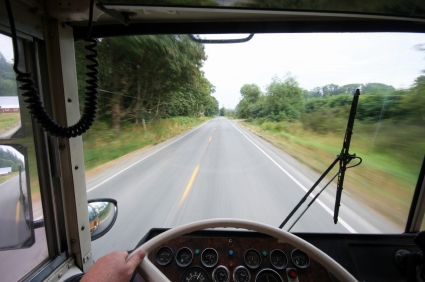 View from the drivers seat of a school bus