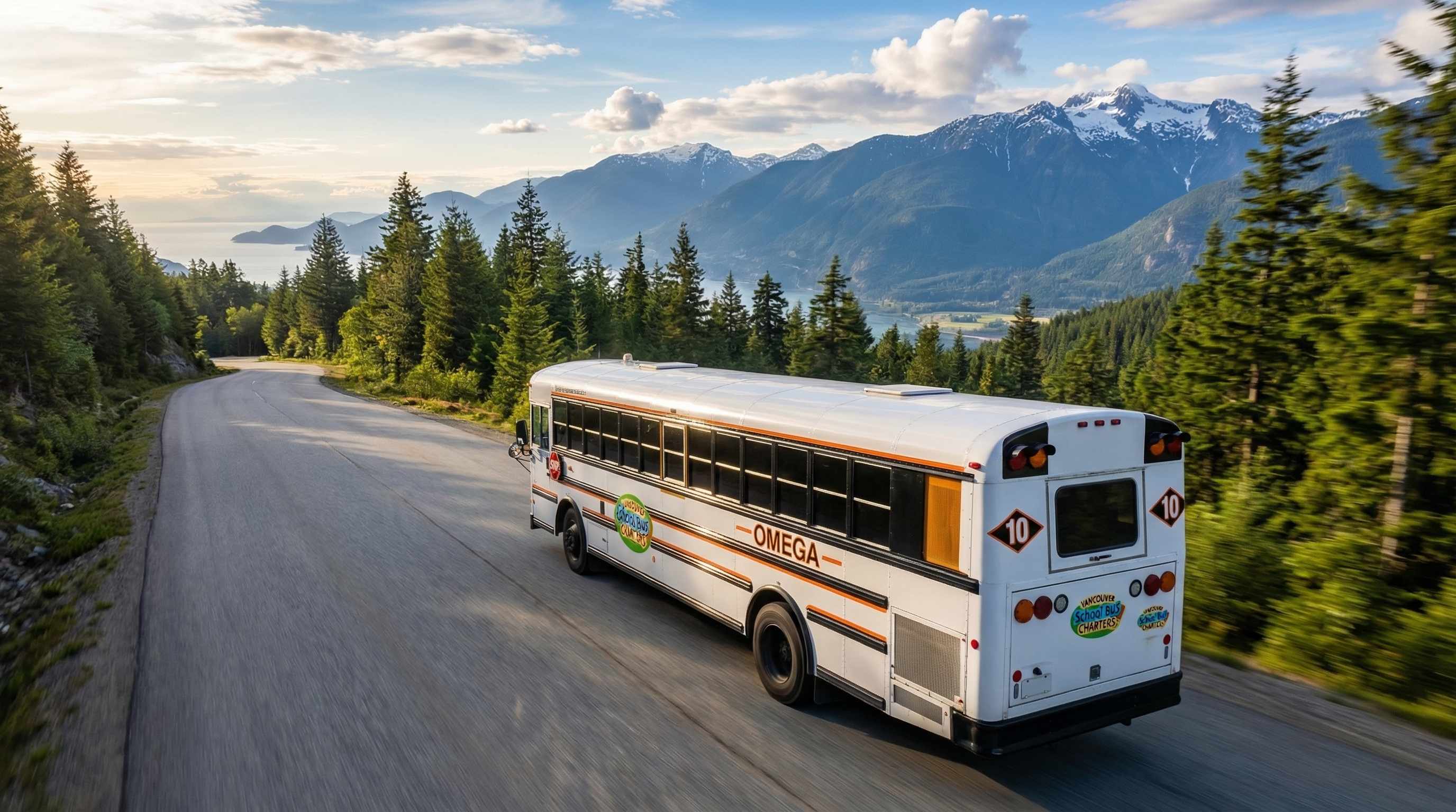 Vancouver School Bus on scenic mountain road